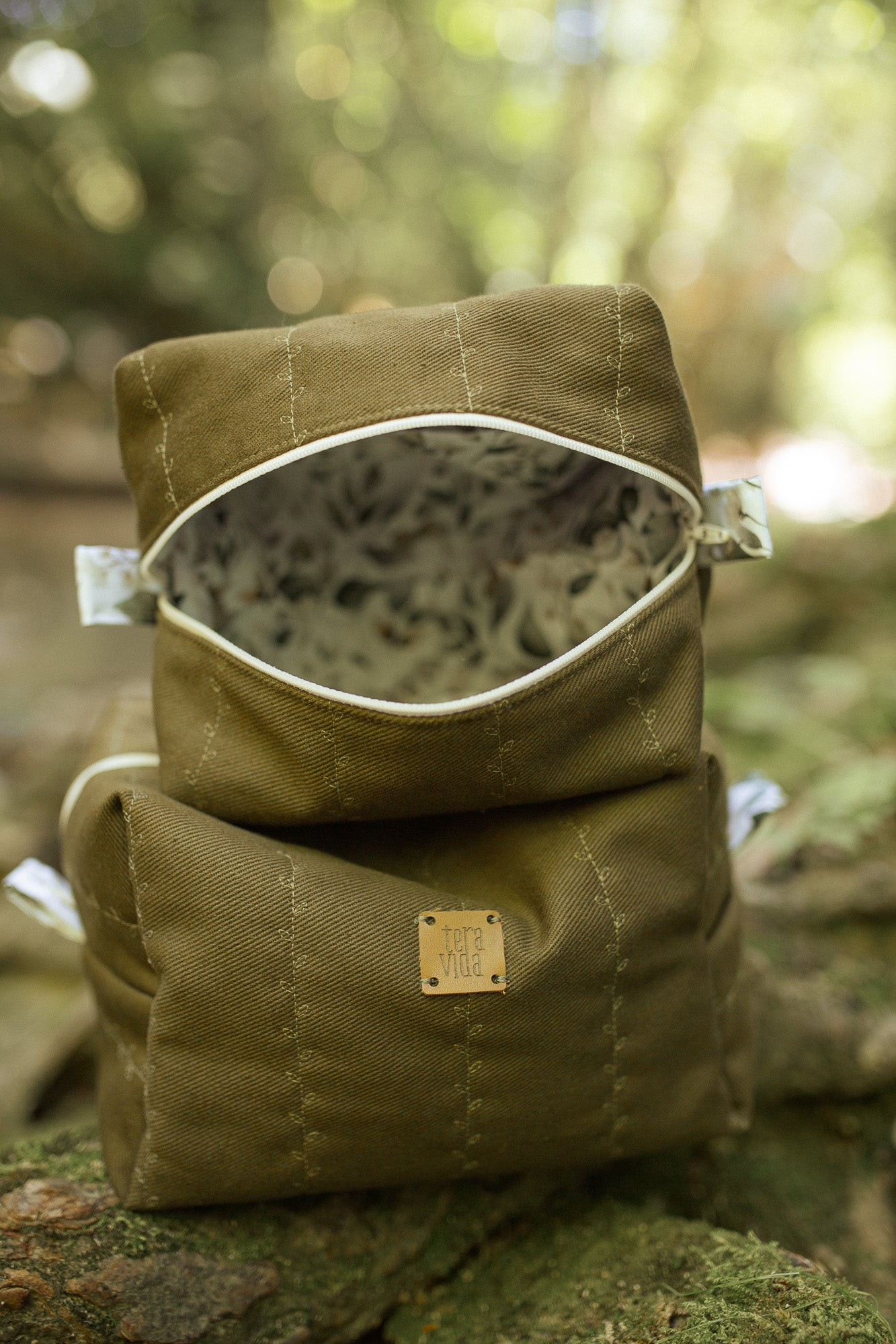 Embroidered Leaves Olive Pouch